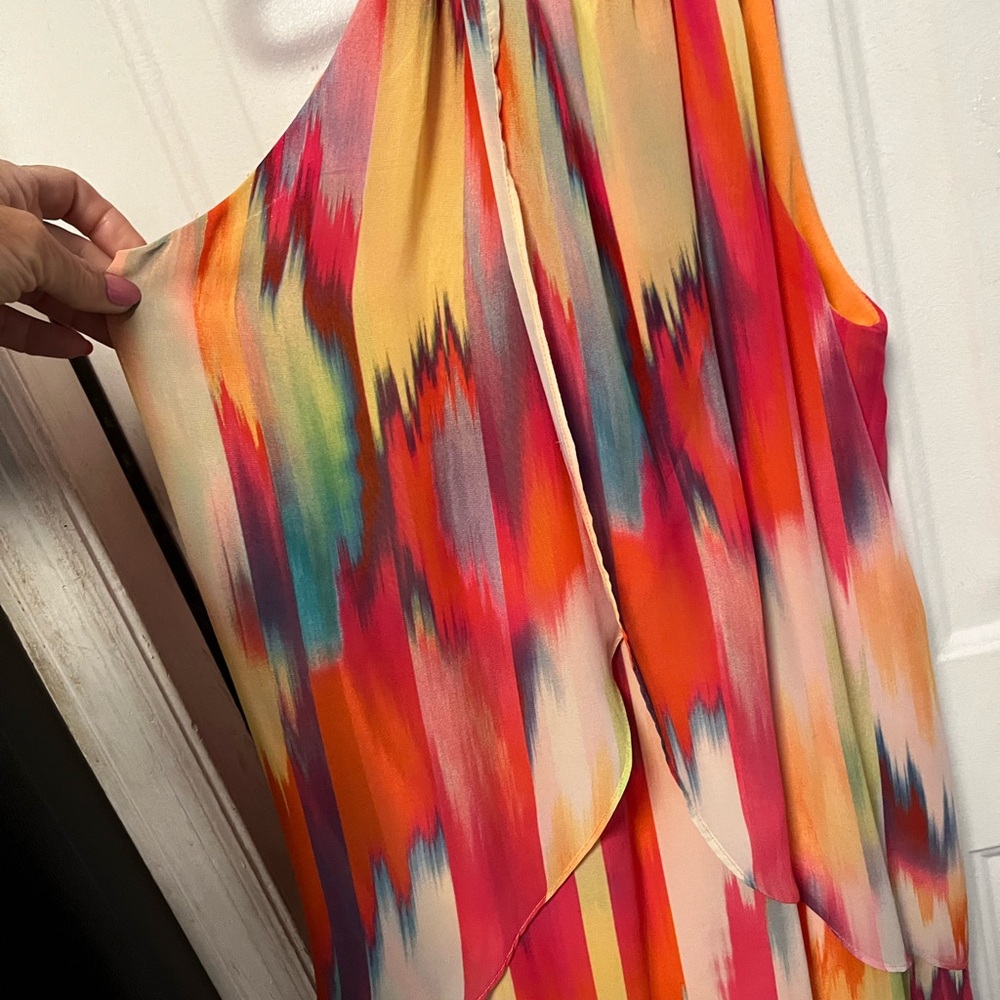 Vintage Bisou Bisou Orange and Pink Sleeveless Dress with Multicolor Trim - Picture 4 of 6